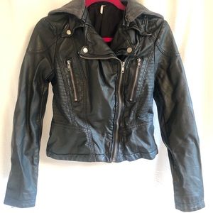 Free People Black Leather Hooded Jacket